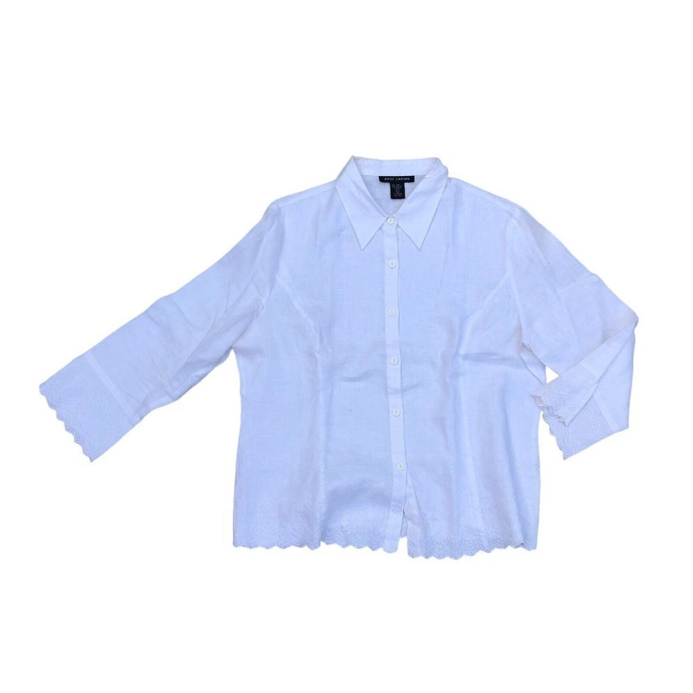 ANNE CARSON 100% Linen Button Shirt Women's XL White Top Blouse Long Sleeve​​​​​